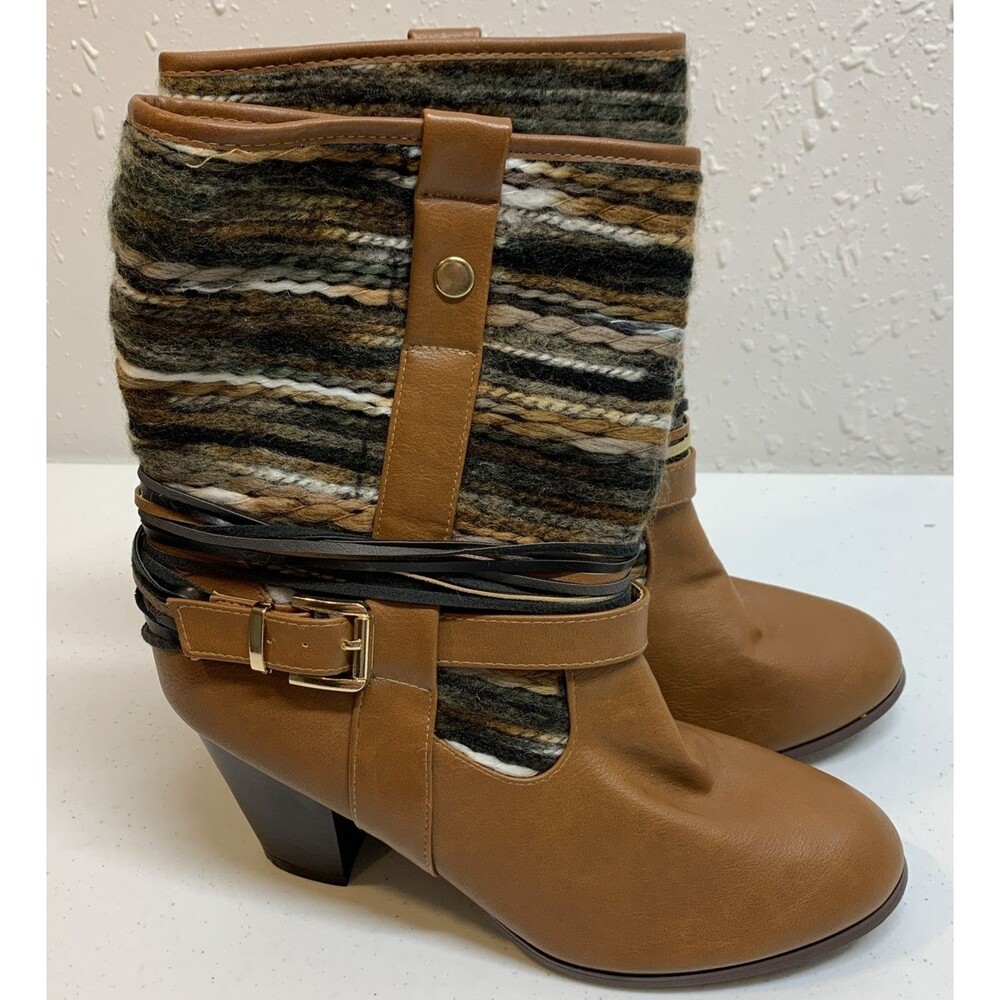 francescas Brown Boots 10 Mid calf Coachella With Yarn Fabric Buckle Detail Tan